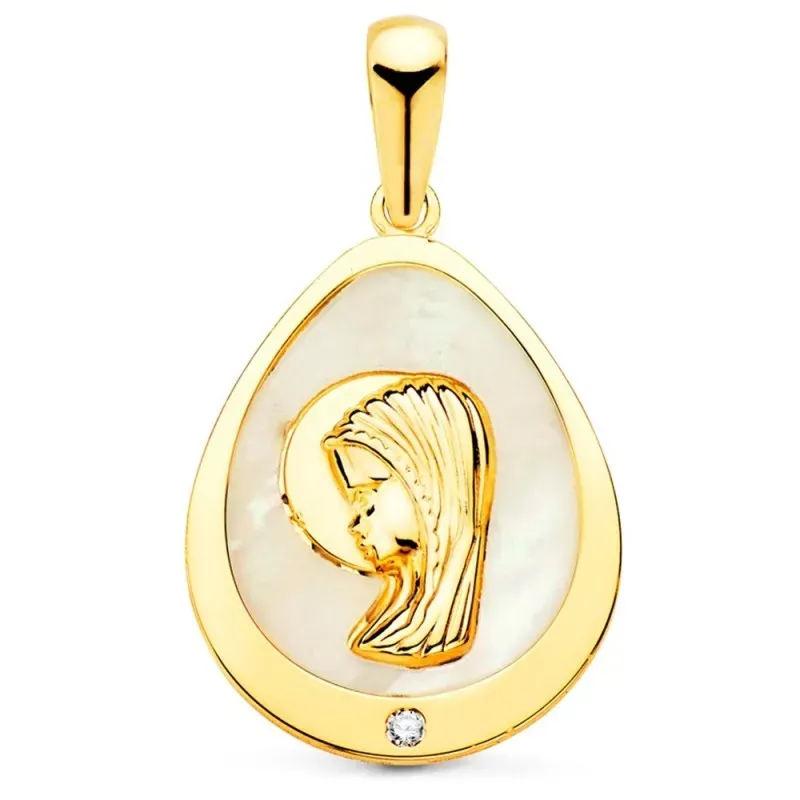 Medalla oro 18k Virgen Niña 15mm. forma lágrima fondo nácar cerco lis