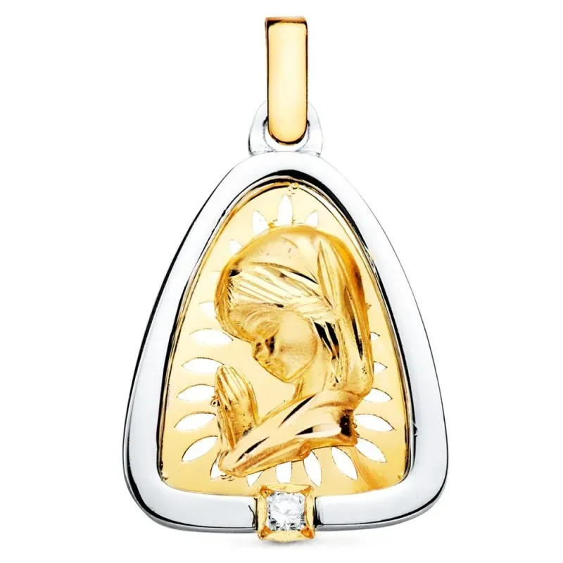 Medalla oro 18k cerco plata Ley 925m Virgen Niña 21mm. triangular fon