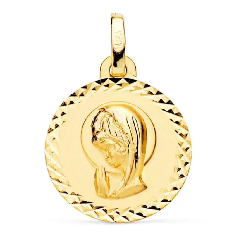 Medalla oro 18k Virgen Niña 16mm. lisa redonda detalle cerco talla cr