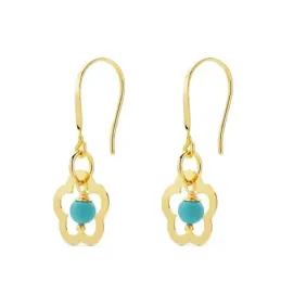 Pendientes oro 18k mujer largos 28 mm. turquesa combinada flor calada