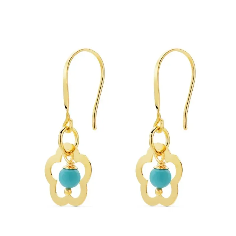 Pendientes oro 18k mujer largos 28 mm. turquesa combinada flor calada