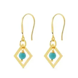 Pendientes oro 18k mujer largos 30 mm. turquesa combinada rombo calad