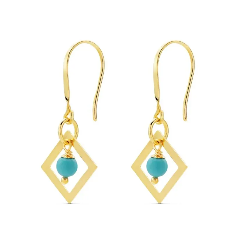 Pendientes oro 18k mujer largos 30 mm. turquesa combinada rombo calad