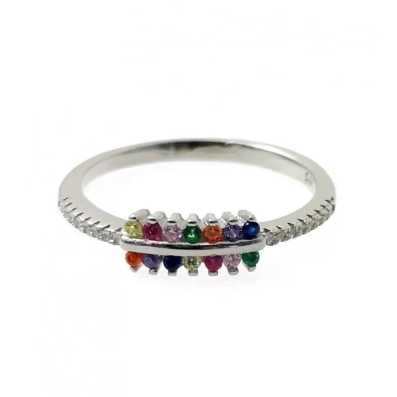Sortija plata Ley 925m mujer rodiada circonitas colores centro barra