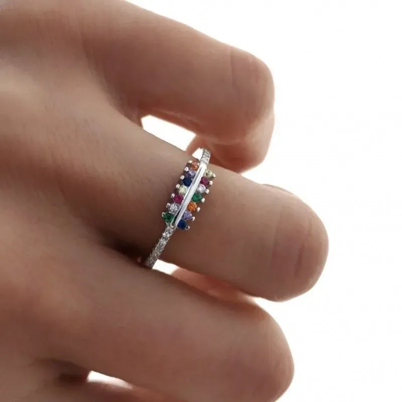 Sortija plata Ley 925m mujer rodiada circonitas colores centro barra
