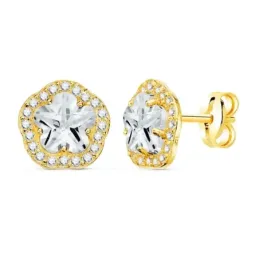 Pendientes oro 18k mujer 9 mm. forma flor centro circonitas garras bo