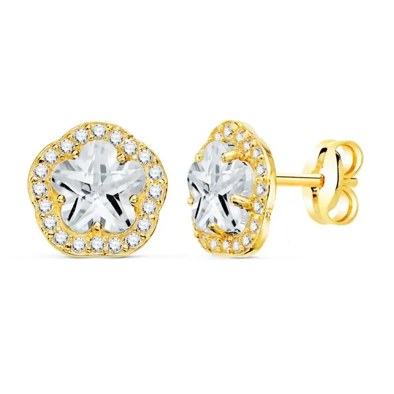 Pendientes oro 18k mujer 9 mm. forma flor centro circonitas garras bo