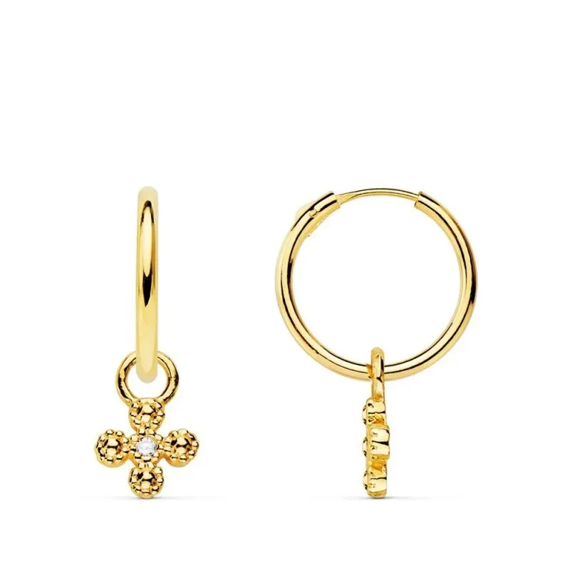 Pendientes oro 18k mujer aro 11 mm. combinado cruz colgante circonita