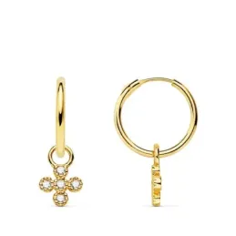 Pendientes oro 18k mujer aro 11 mm. combinado cruz colgante circonita