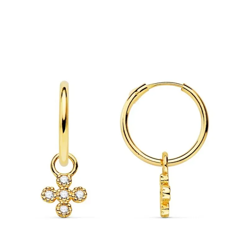 Pendientes oro 18k mujer aro 11 mm. combinado cruz colgante circonita