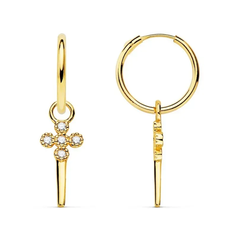 Pendientes oro 18k mujer aro 11 mm. combinado cruz colgante puñal cir