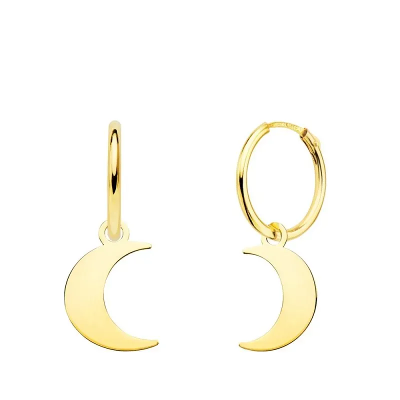 Pendientes oro 18k mujer aro 12 mm. combinado luna lisa  11 x 9 mm.