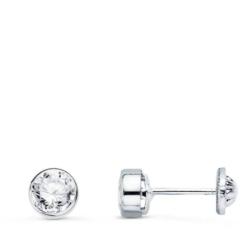 Pendientes oro blanco 18k chatón 5 mm. circonita tornillo
