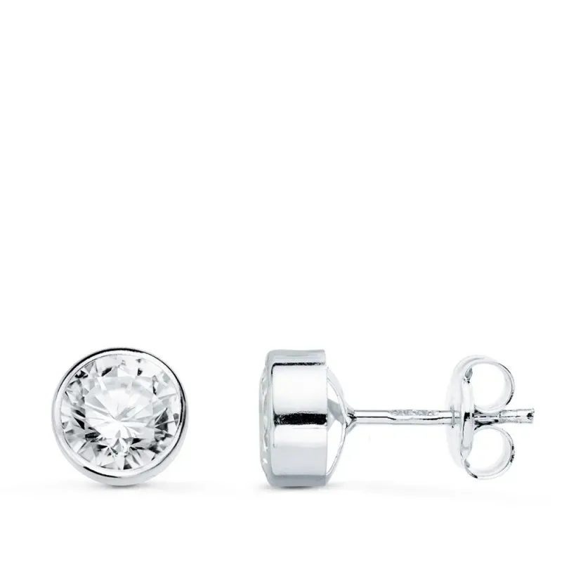 Pendientes oro blanco 18k chatón  6 mm. circonita presión