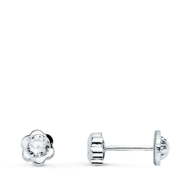 Pendientes oro blanco 18k flor 5 mm. circonita tornillo