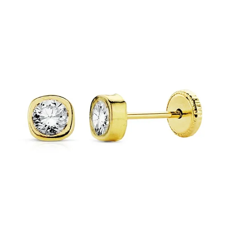 Pendientes oro 18k semicuadrados 3 mm. circonita tornillo