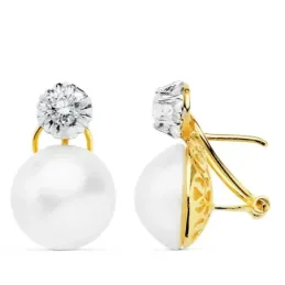 Pendientes oro 18k mujer perlas japonesas combinadas circonitas omega