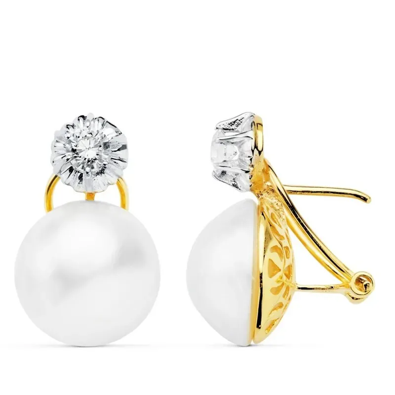 Pendientes oro 18k mujer perlas japonesas combinadas circonitas omega