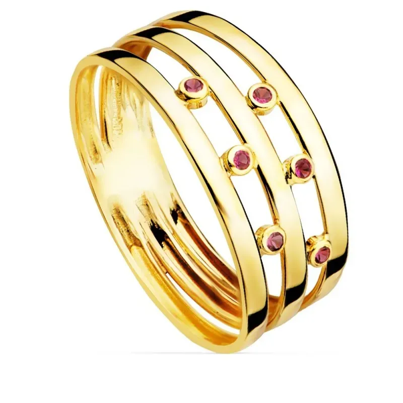 Sortija oro 18k mujer tres bandas lisas combinadas piedras color