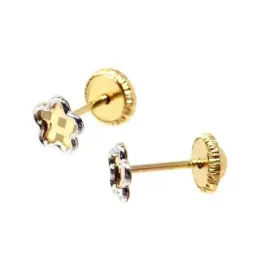 Pendientes oro bicolor 18k niña 4 mm. flor detalles centro