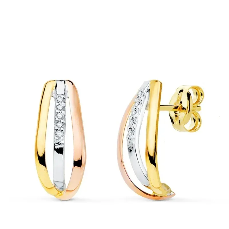 Pendientes oro tricolor 18k mujer 15 mm. bandas verticales caladas co