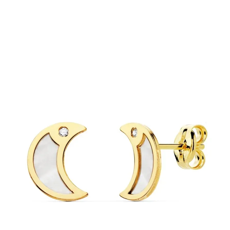 Pendientes oro 18k mujer 8 mm. luna nácar combinada circonita presión