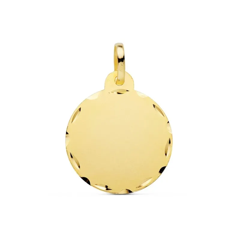Colgante oro 18k disco 20 mm. redondo bordes tallados mate liso