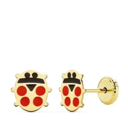 Pendientes oro 18k niña 8 mm. mariquita esmaltada