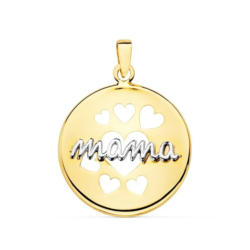 Colgante oro bicolor 18k mujer 18 mm. redondo corazones calados inscr