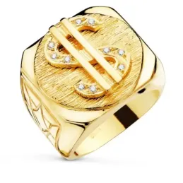 Sello oro 18k hombre símbolo dolar circonitas centro cabeza cuadrada