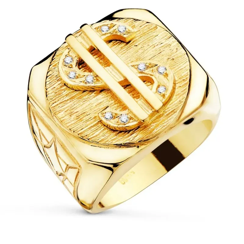 Sello oro 18k hombre símbolo dolar circonitas centro cabeza cuadrada