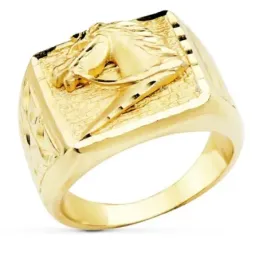 Sello oro 18k hombre cuadrado cabeza caballo centro detalles bordes l