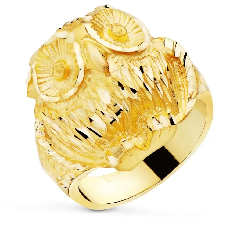 Sello oro 18k hombre macizo cabeza buho detalles realistas tallados
