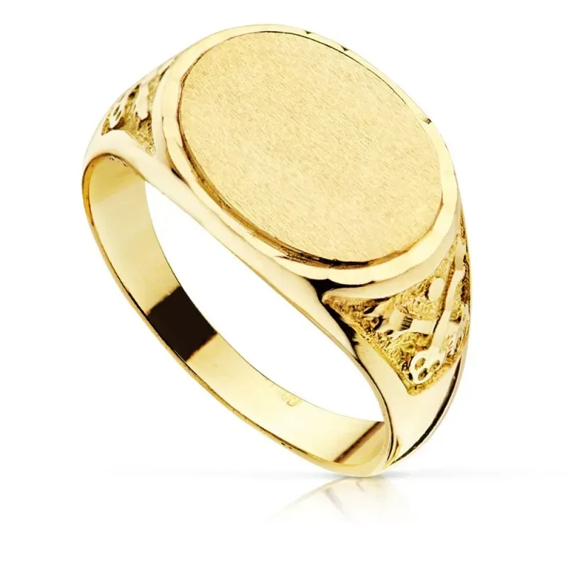Sello oro 18k hombre macizo cabeza ovalada lisa detalles tallados lat