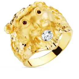 Sello oro 18k hombre cabeza león circonita combinada ojos rubí
