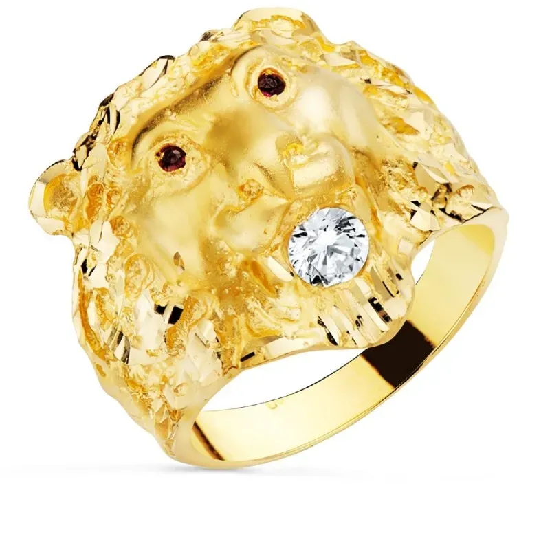 Sello oro 18k hombre cabeza león circonita combinada ojos rubí