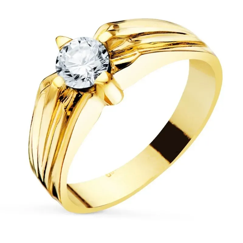 Solitario oro 18k hombre circonita centro 5 mm. detalles laterales