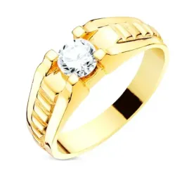 Solitario oro 18k hombre circonita centro 5.5 mm. detalles estrías