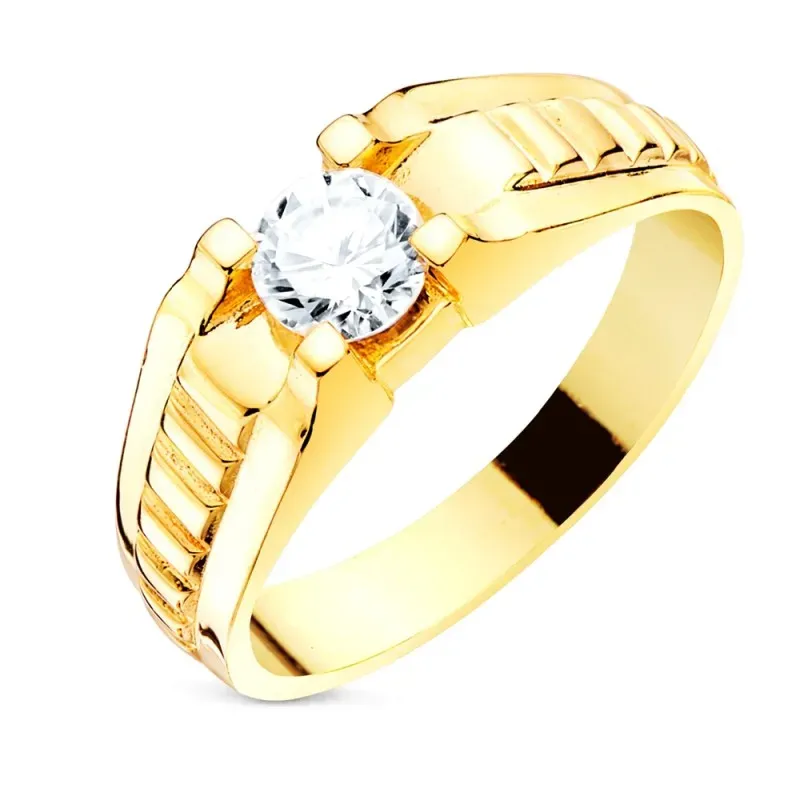 Solitario oro 18k hombre circonita centro 5.5 mm. detalles estrías