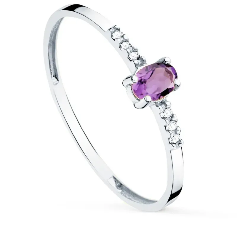 Sortija oro blanco 18k mujer diamantes 0.03ct. amatista natural 4 mm.