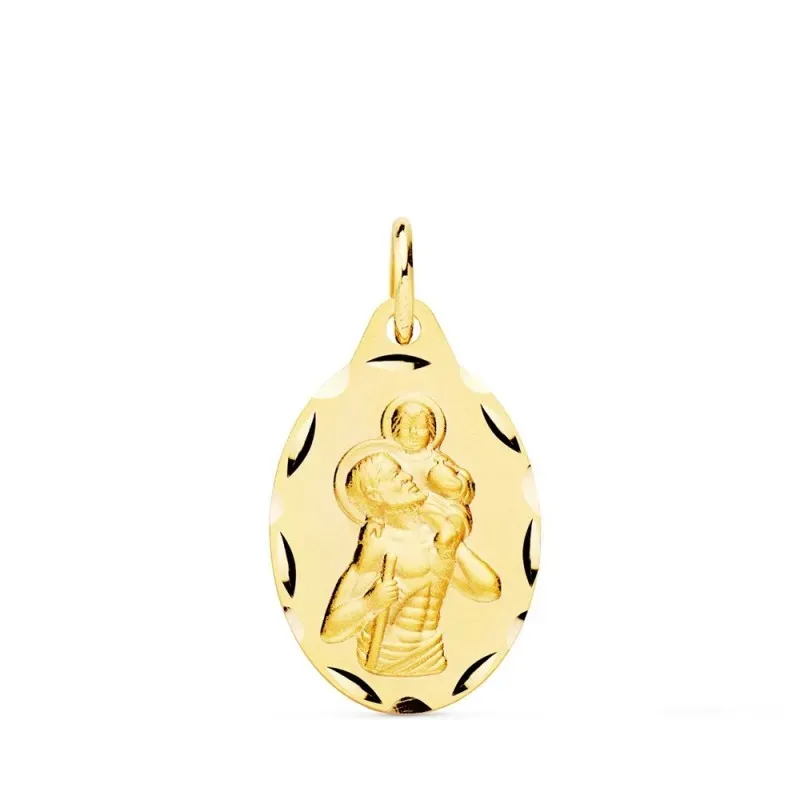 San Cristóbal medalla oro 9k unisex 20 mm. ovalada detalles borde