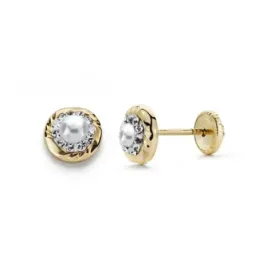 Pendientes oro bicolor 9k niña 6 mm. circonitas perla centro tornillo