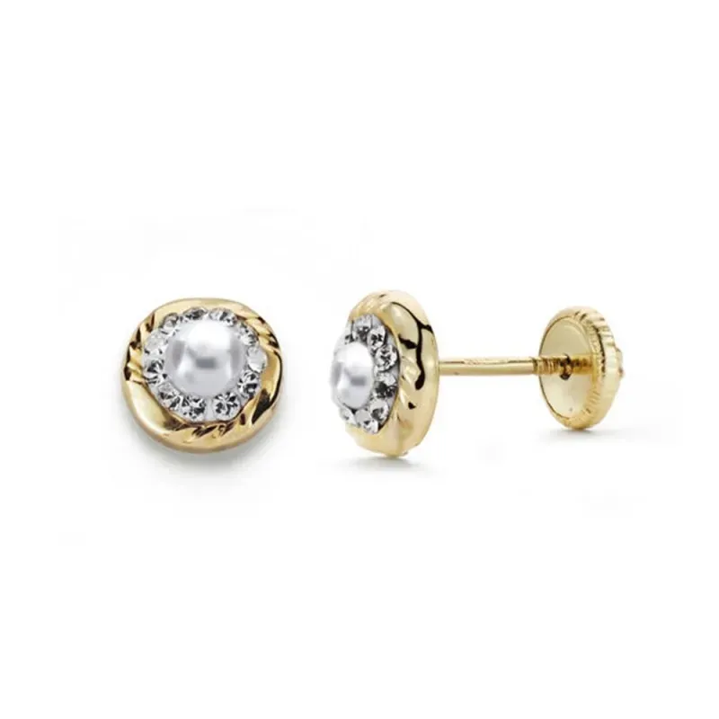 Pendientes oro bicolor 9k niña 6 mm. circonitas perla centro tornillo