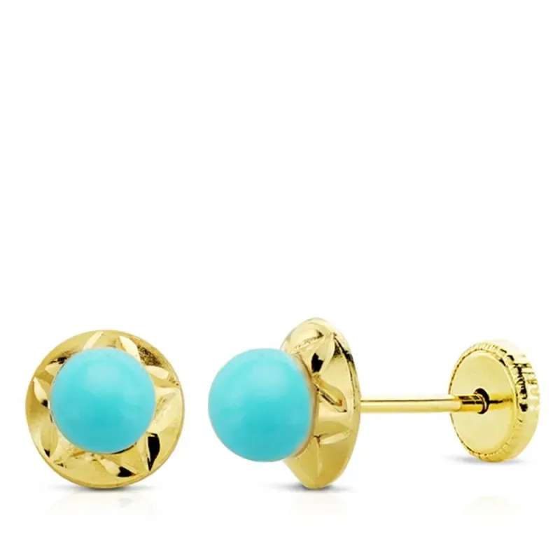 Pendientes oro 9k niña 7 mm. piedra turquesa redonda 5 mm. cierre tor