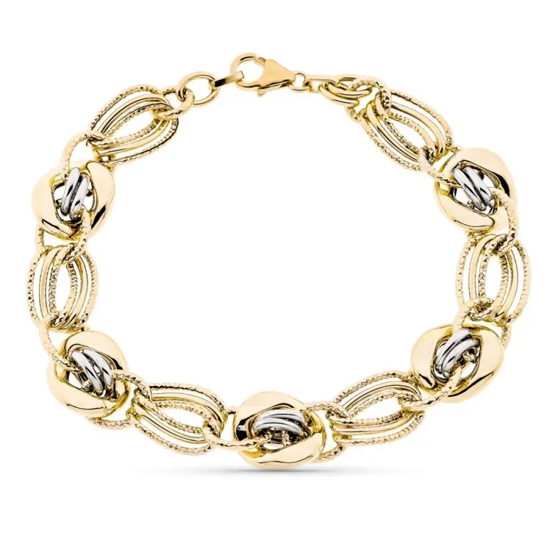 Pulsera oro bicolor 9k mujer 20 cm. hueca eslabones formas combinadas