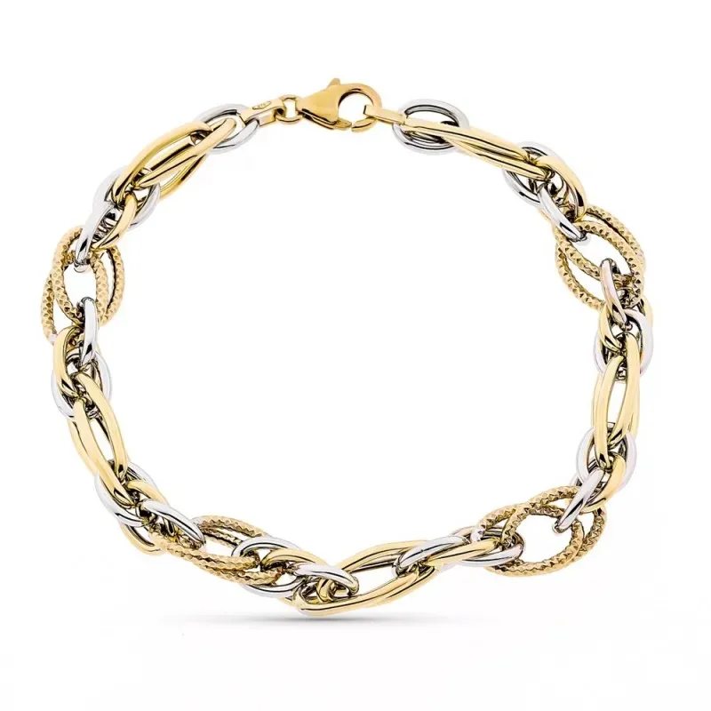 Pulsera oro bicolor 9k mujer 20 cm. eslabones tamaños combinados form