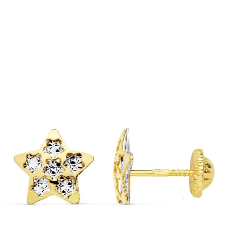 Pendientes oro bicolor 9k niña 8 mm. forma estrellas caladas tornillo