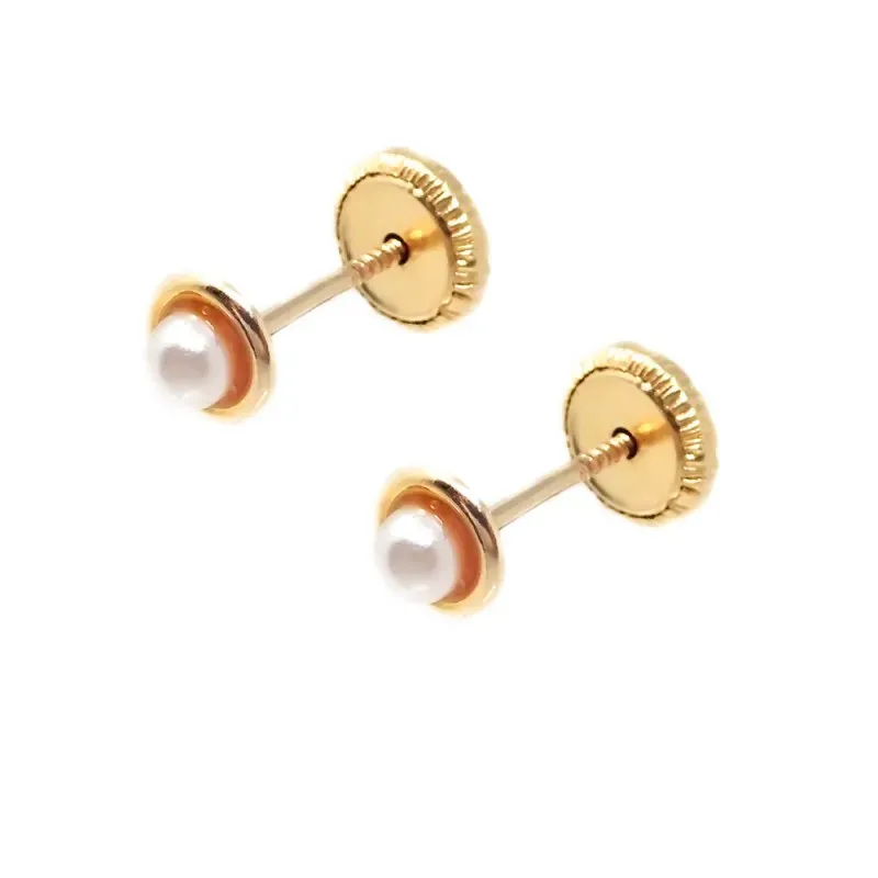 Pendientes oro 18k niña 4.2 mm. perla 2.30 mm. centro bisel liso cier