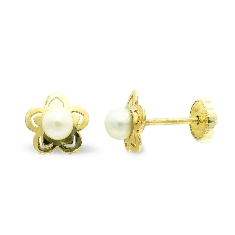 Pendientes oro 9k niña 7 mm. flor lisa detalles calados perla 3 mm. c