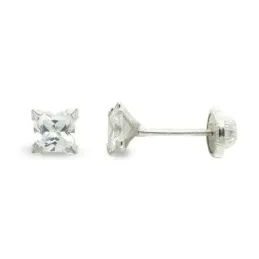 Pendientes oro blanco 9k niña 4 mm. circonita cuadrada garras tornill